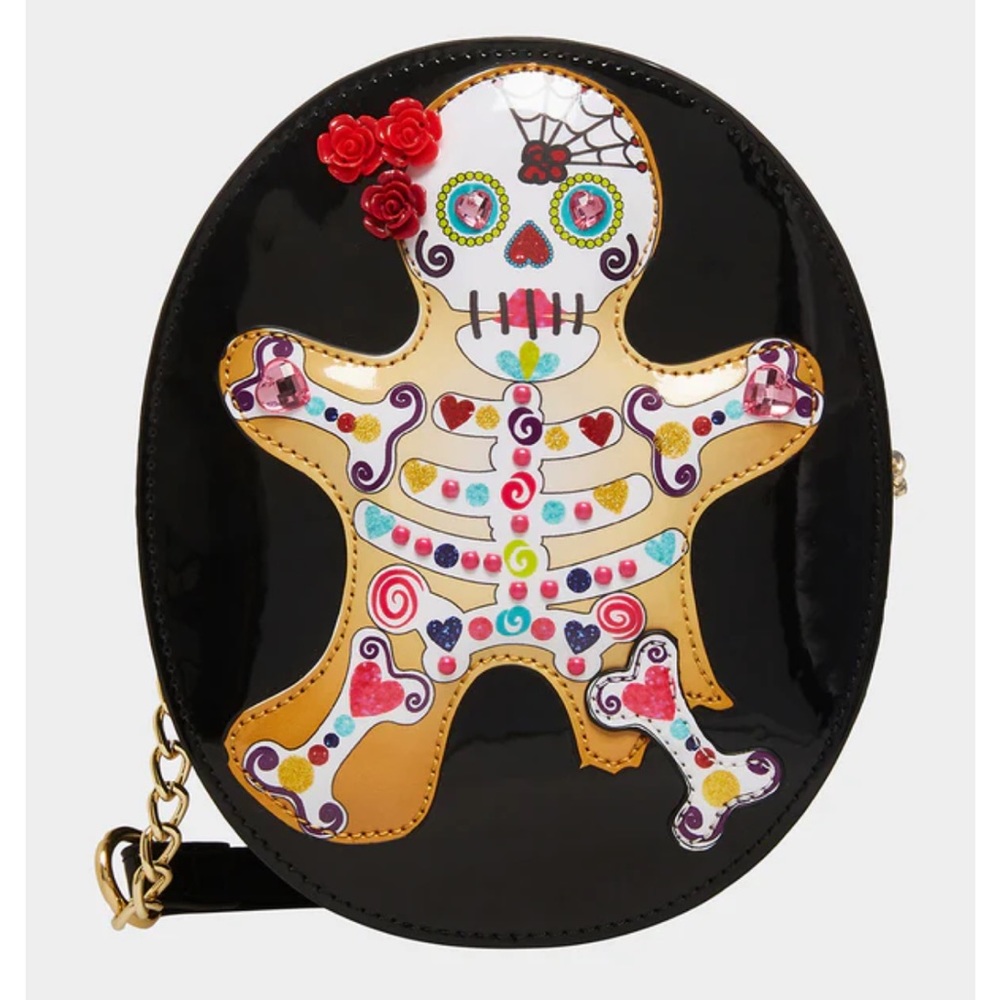 NWT BETSEY JOHNSON GINGERBREAD BONES CROSSBODY BLACK MULTI